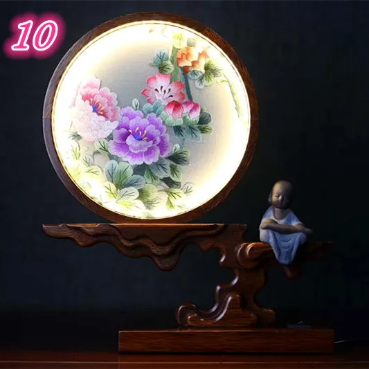 Chinese Luxury Home Decor LED Table Lamps for Bedroom Bedside Living Room Ornaments Handmade Fine Embroidery Silk Works Bedlamp