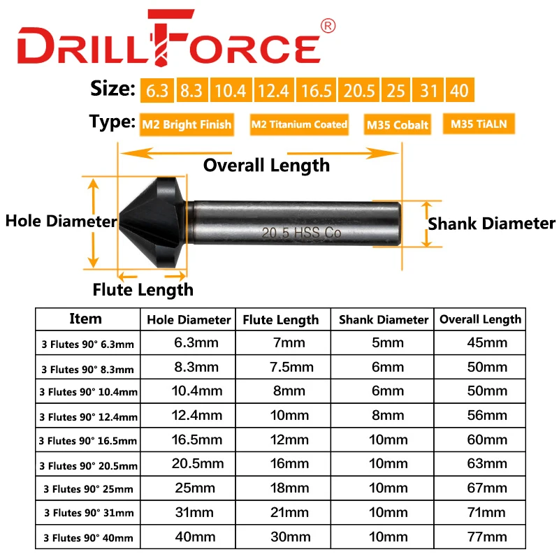 Drillforce Chamfer Countersink Drill Bits 6.3-40mm 3 Flutes 90 Degree (6.3/8.3/10.4/12.4/16.5/20.5/25/31/40mm)