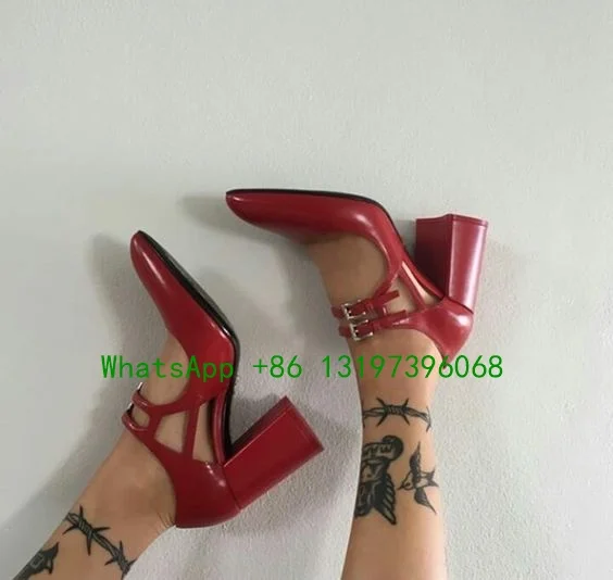 

Ladies Pointed Red Mary Jane Shoes Thick Square Heel Metal Double Buckle Leather Boots Daily Wear Footwear Shoes Large Size 4654