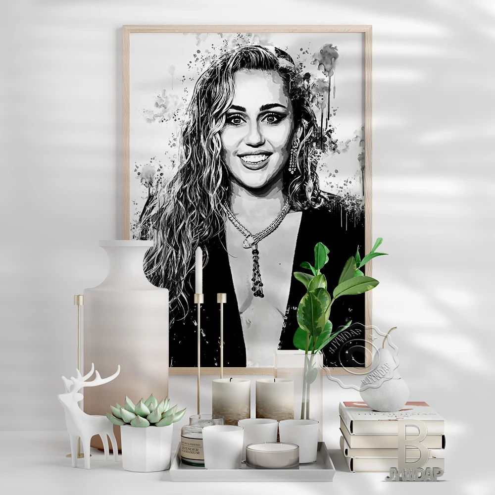 Long Hair Goddess Black White Poster, American Singer Miley Cyrus Fans Collect Art Prints, Minimalism Figure Sketch Wall Decor