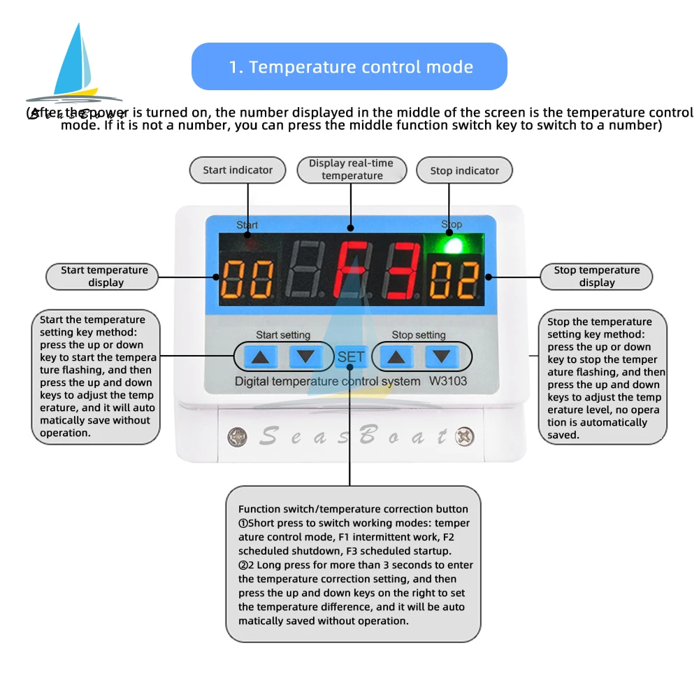 XH-W3103 AC 220V Max 5000W Digital Thermostat 30A Temperature Controller Switch DC 12V 24V