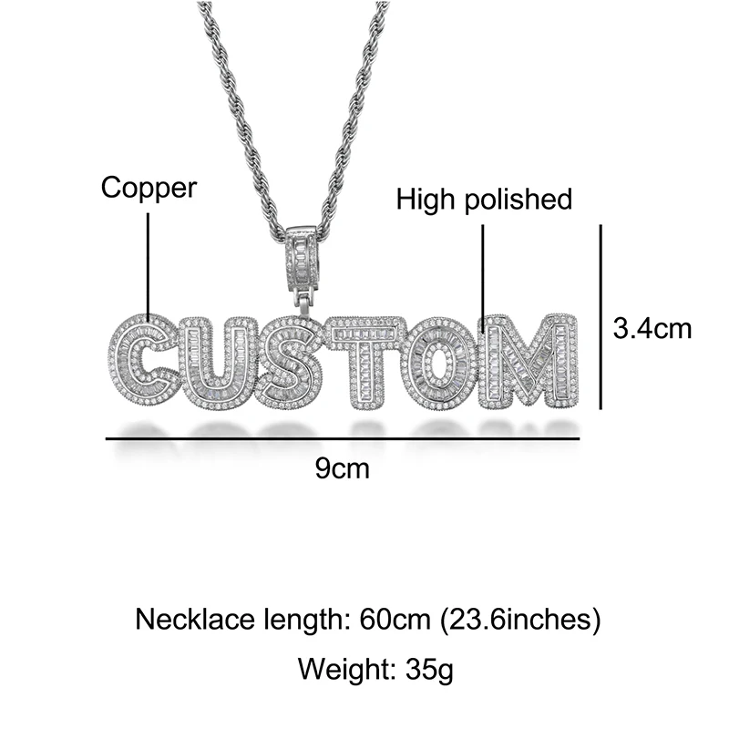 Hip Hop Iced Out Custom Name Baguette Letters Cubic Zircon CZ AAA+ Pendants & Necklaces For Men Customized Jewelry