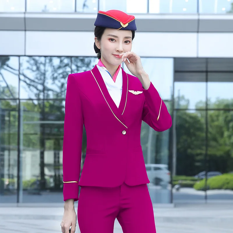 

IZICFLY Spring Autumn New Rose Red Airline Stewardess Clothes Women Pant Suit Hotel Reception Spa Waitress Uniform For Work