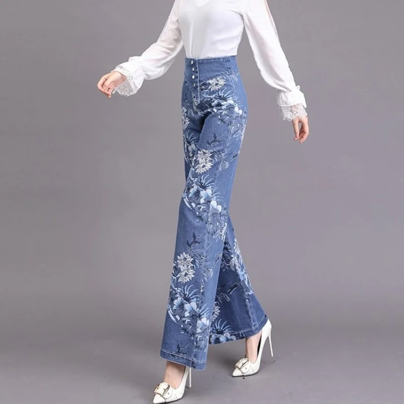 Wide Fashion Leg Jeans Women Spring High Waist Print Loose Straight Denim Trousers Streetwear Buttons Office Lady Pants S-2XL