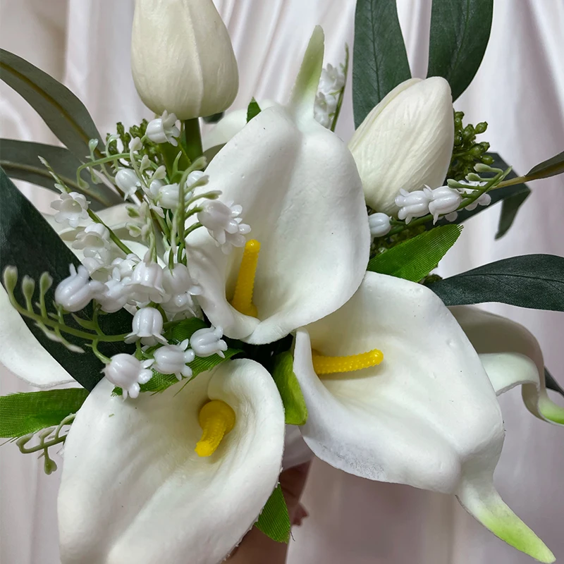 Bouquet nupcial artificial para casamento, PU branco Calla Lily, flor da dama de honra, decoração do casamento da menina, flor artificial, toque real