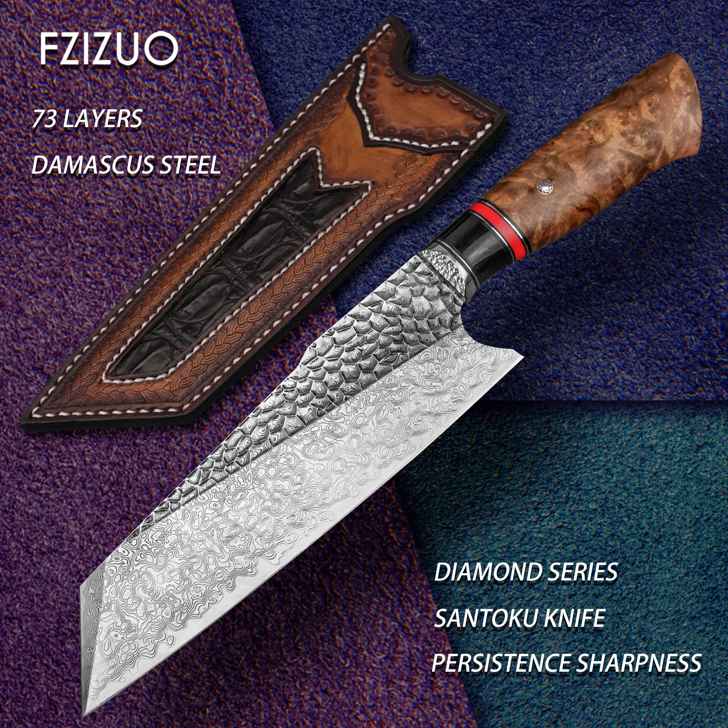 FZIZUO VG10 Damascus Steel Santoku Knife Handmade Tanto Bunka Kitchen Knives Japanese Style Chef Knife Cleaver Cooking Tool