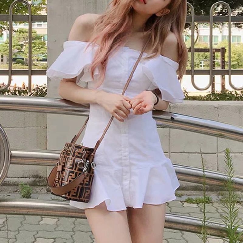 2023 Summer boho off shoulder dress women buttions ruffle sexy vintage white beach dress elegant korean mini short dress