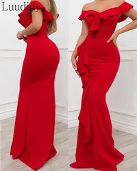 Women Red Off Shoulder Ruffles Skinny Mermaid Dress