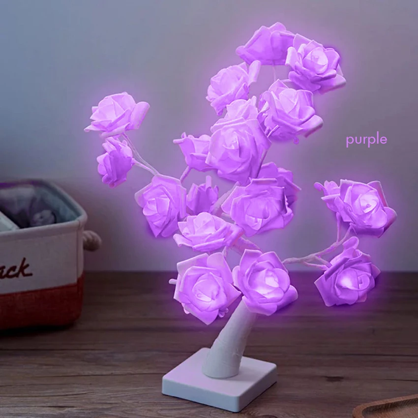 LED White Pink Rose Flower Bedside Bedroom Night Light Table Lamp Home Decoration Simulation Tree for Christmas Wedding Party