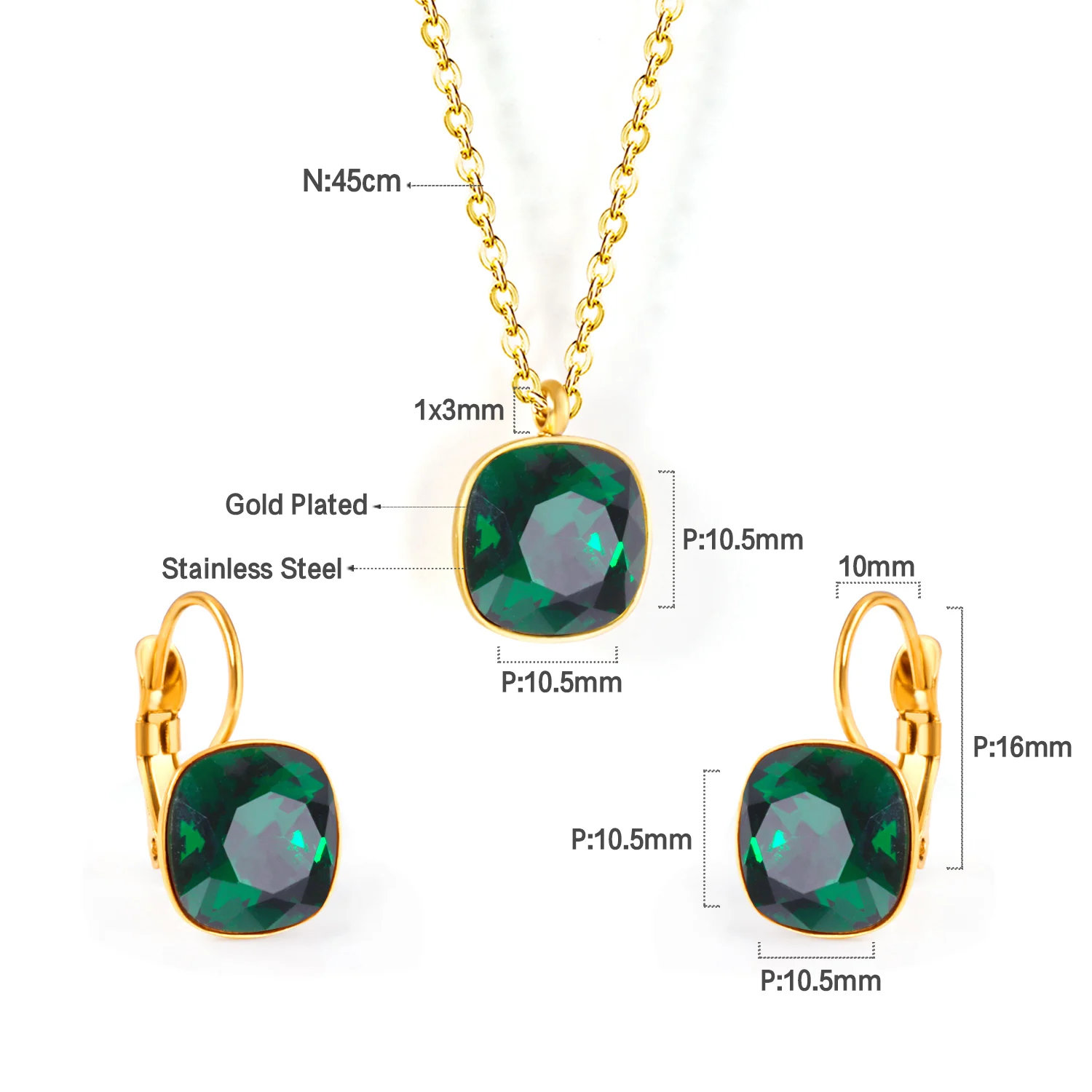 Square Multiple Color Crystal Pendant Necklace & Earrings Set