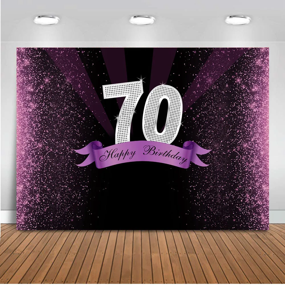 Purple glitter 70th happy birthday theme party backdrop for photography Violet sliver  sign background customize  photo