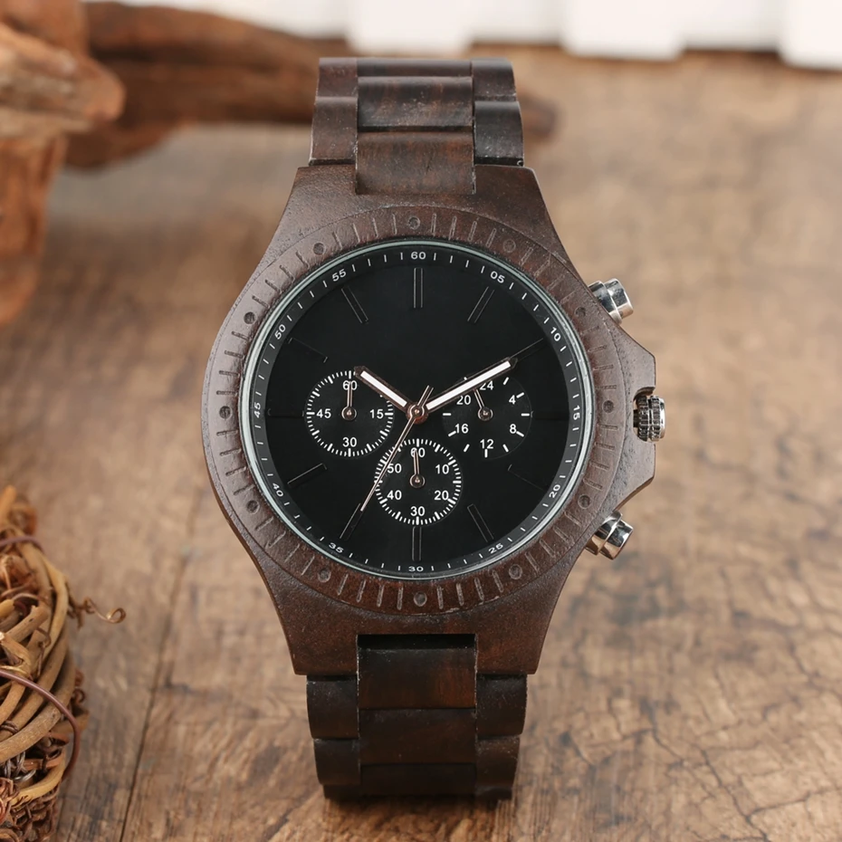 Montre à Quartz en bois pour hommes, chronographe créatif, montre-bracelet de luxe, affichage de 12 heures, cadeaux