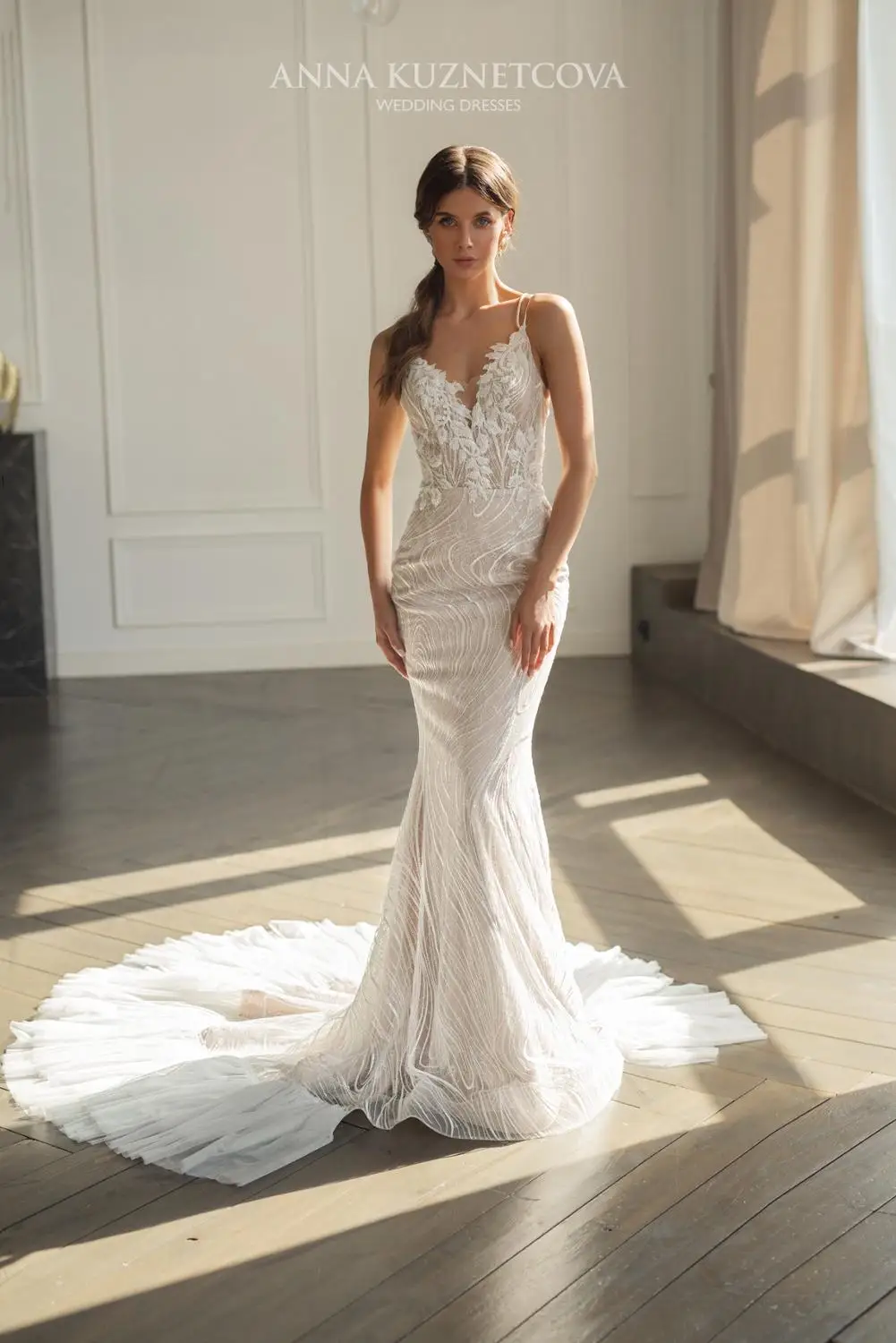 فساتين زفاف دانتيل أشرطة سباغيتي مزينة بالدانتيل فساتين زفاف مصنوعة حسب الطلب بدون ظهر سويب تراين حورية البحر فستان الزفاف #3