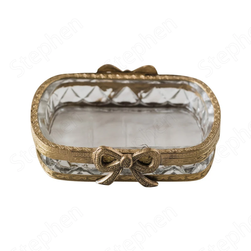 Vintage Carved Brass Glass Soap Holder Pastoral Soap Dish Ornaments Relief Craft Crystal Bow Soap Organizer Bathroom Accessories