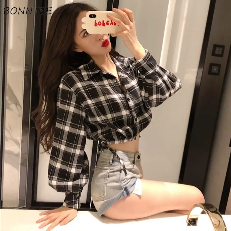 Crop Shirts Women Turn-down Collar Designer Plaid Shirring All-match Streetwear Korean Style Simple Leisure Tops Lantern Sleeve