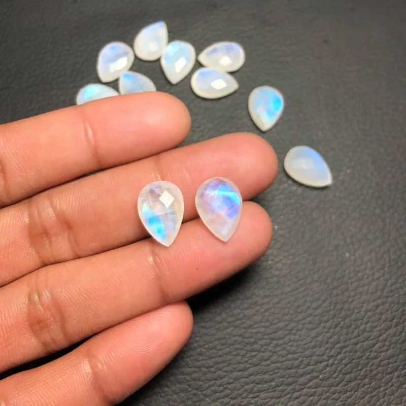 

8x10mm Rainbow Moonstone Pear Rose Cut Natural Blue Loose Gemstone