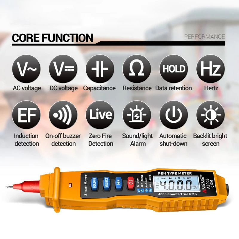 Multímetro Digital sin contacto, medidor tipo bolígrafo de 4000 recuentos con resistencia de voltaje CA/CC, capacitancia Hz, herramienta de prueba A3003