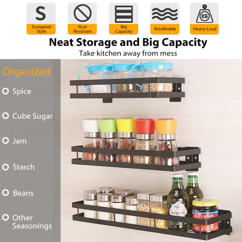 Kitchen Organizer Wall Mount Storage Rack Punch-free Metal Spice Jar Rack Cabinet Shelf Kitchen Storage Holder