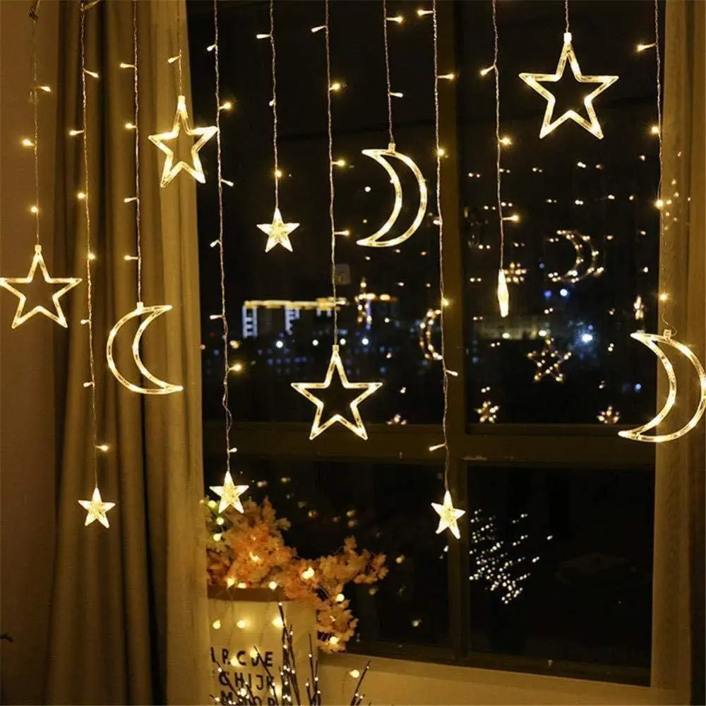 3.5M 138leds Star Moon Led Curtain String Light Christmas Ramadan Garland Light Romantic Holiday Lights For Wedding Party Decor