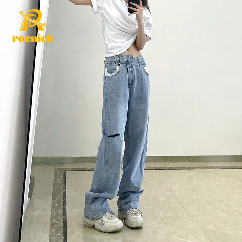 

ROENICK Women Irregular Ripped Jeans Female High-Waist Slim Loose Wide-Leg Baggy Pants Korean Fashion Straight Trousers