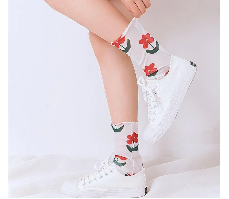 BKLD New Arrival 2024 Summer Fashion Fishnet Socks Thin Socks Women Girls Harajuku Streetwear Mesh Transparent Flower Socks