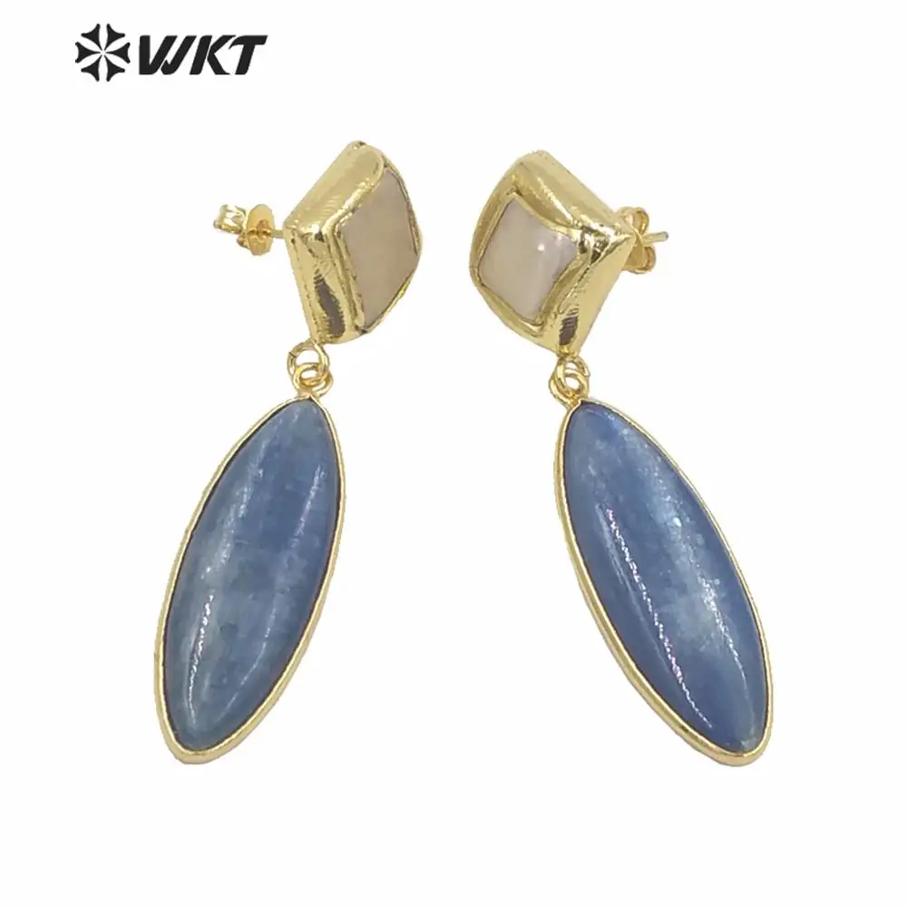 

WT-E638 WKT New Design Natural Gold Electroplated Horse Eye Shape Blue Kyanite Earrings Women Hot Pearl Hoop Long Accessories