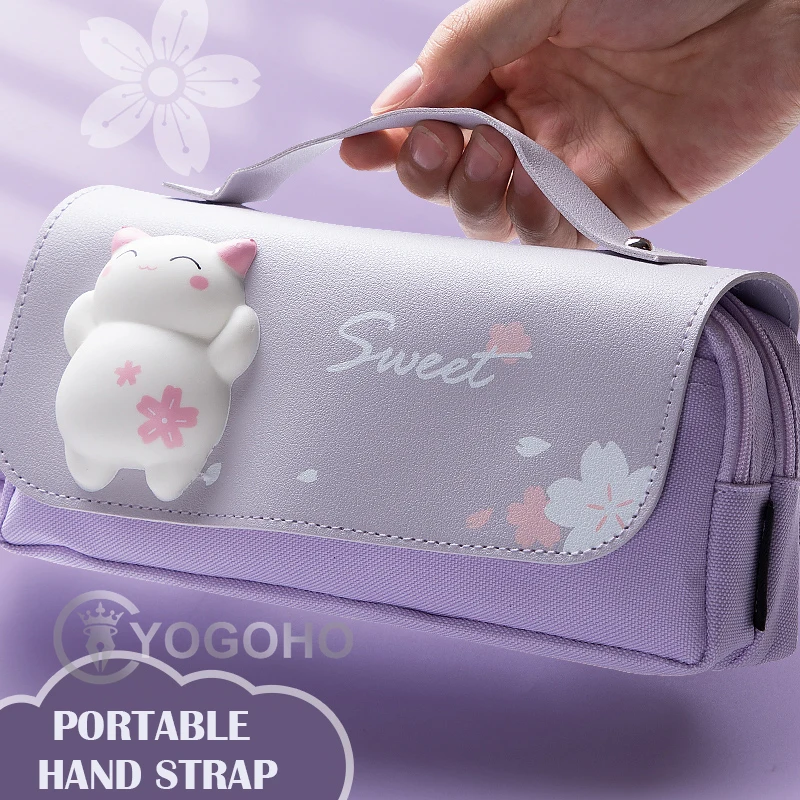 Sakura Pencil Bag PU Leather Pen Case Kawaii Stationery Ruler Pouch for School Girl Sweet Pens Holder Gift Box Flowers Storage