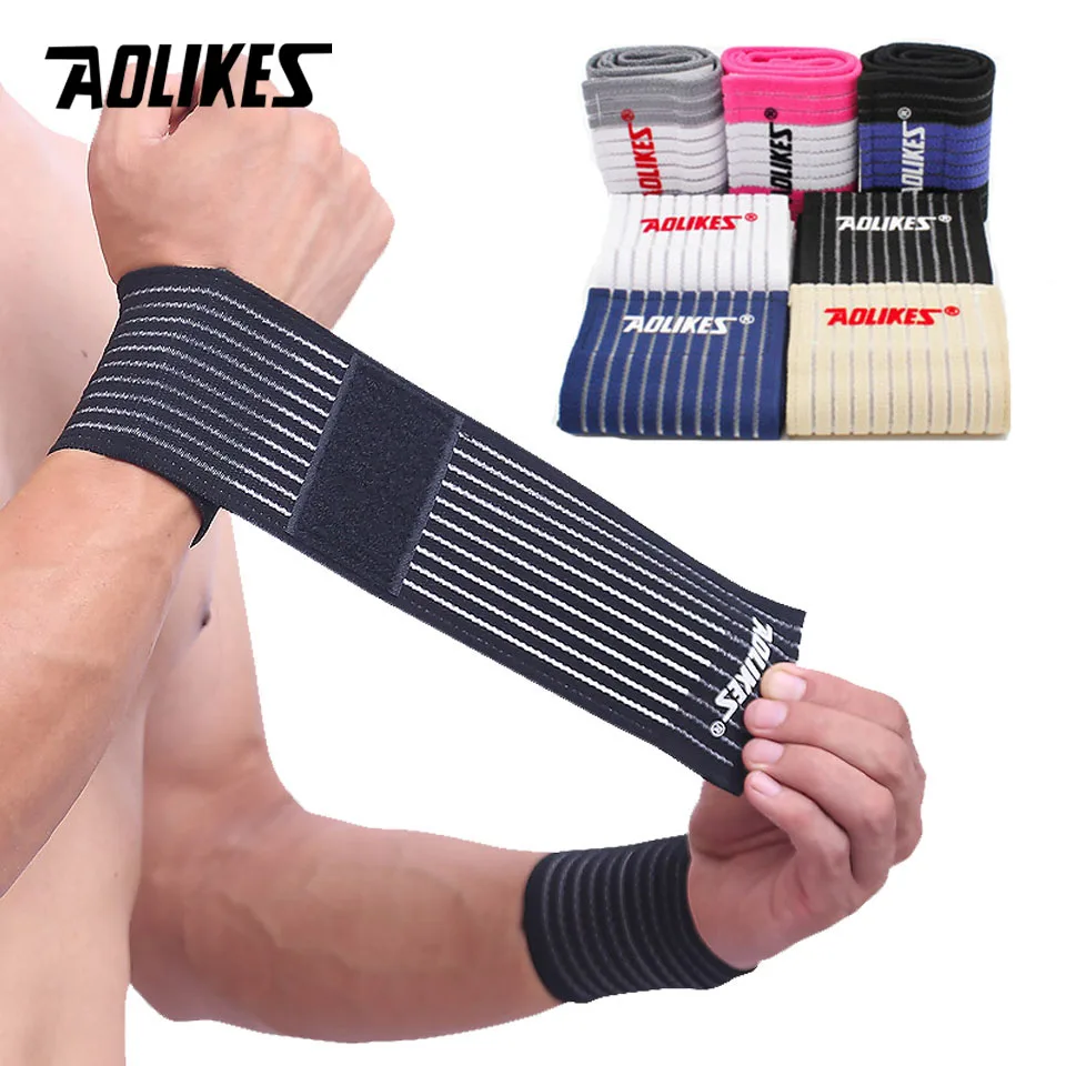 AOLIKES 1PCS ผ้าพันแผลกีฬายืดหยุ่นสายรัดข้อมือ Gym สนับสนุนสายรัดข้อมือเทนนิสผ้าฝ้าย Weat ฟิตเนส Powerlifting