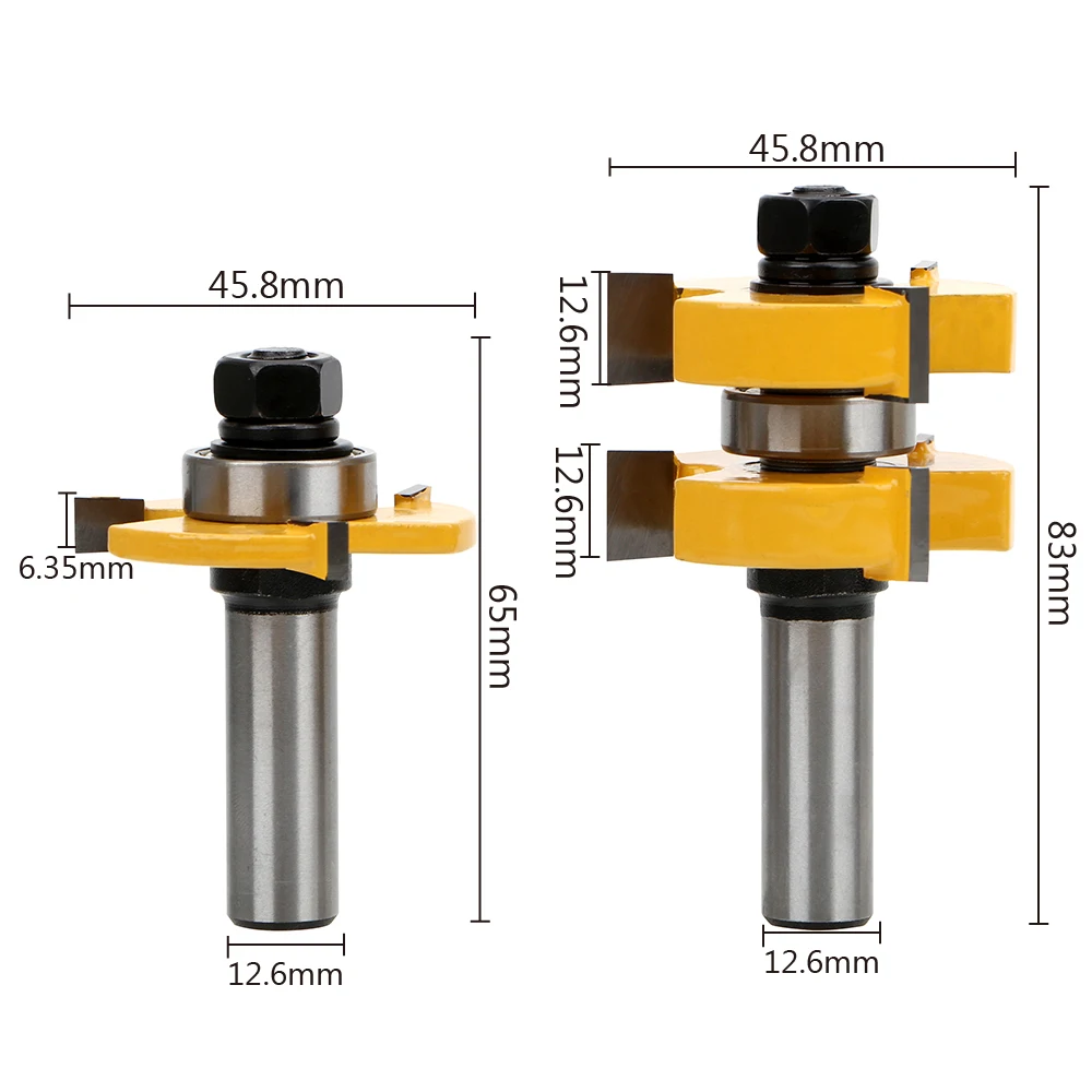 2 비트 파일 우드 밀링 커터 3 치아 T 형 목공 혀 그루브 라우터 비트 세트 12.5mm 생크