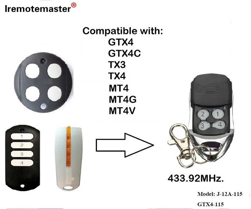 Mando a distancia para puerta de garaje, código rodante, 433,92 MHz, Mhouse GTX4, GTX4CTX3, TX4, MT4, MT4G, MT4V