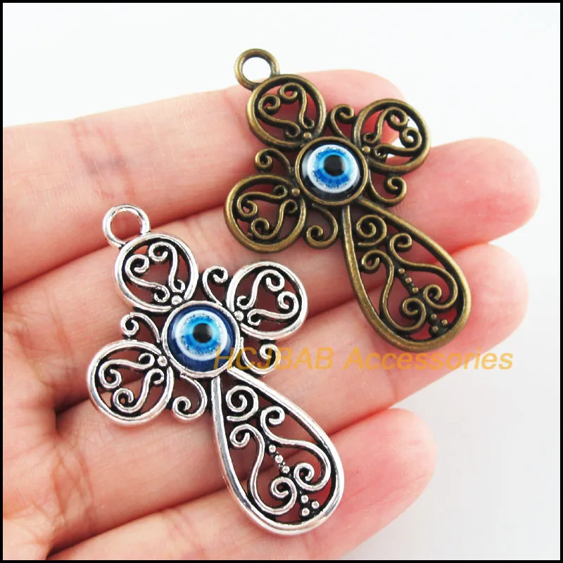 5Pcs Antiqued Bronze Silver Plated Flower Cross Eye Resin Charms Pendants 31x47.5mm