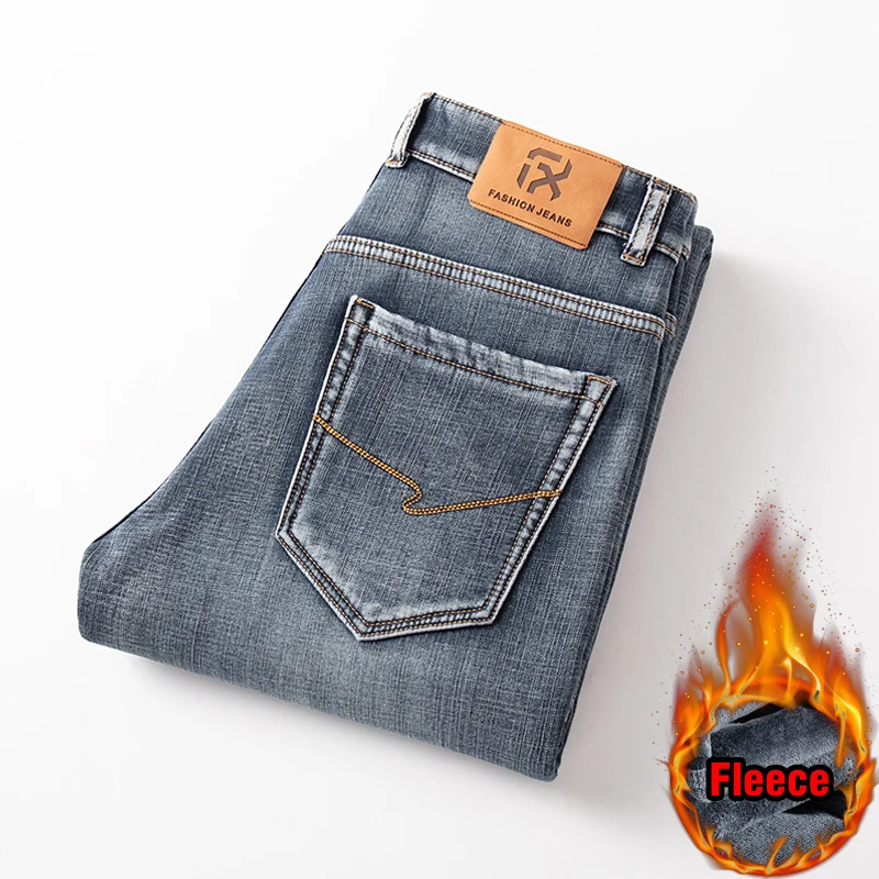 Calça jeans quente de lã masculina, estilo clássico, casual para negócios, ajuste regular, calça jeans stretch grossa, marca masculina, inverno, nova