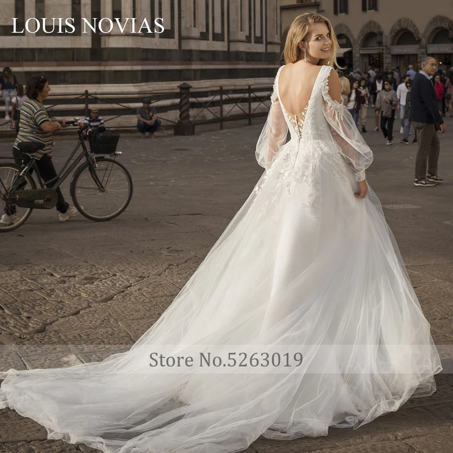 LOUIS NOVIAS Long Sleeve Wedding Dress A-Line Wedding Dress Beach Sweep Brush Train Appliques Chiffon with Embroidery Ball Gown