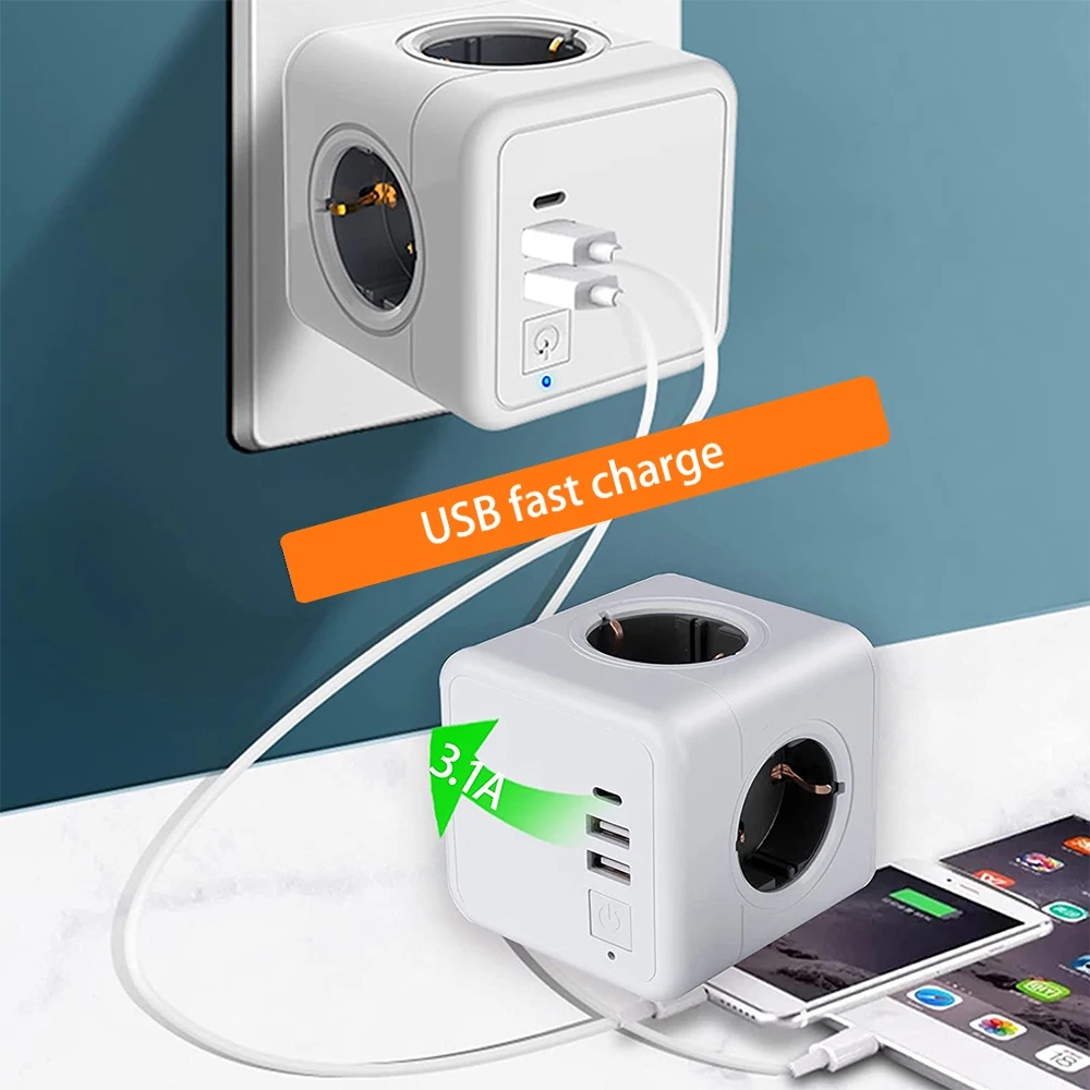 USB Power Strip With Switch Type C Socket Power cube Strips Plug Smart Outlet Extension Socket Adapter European