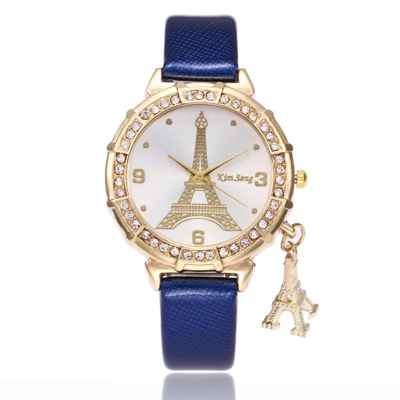 Custom Ladies Quartz Watches Fashion Paris Eiffel Tower Watches Women Faux Leather Watches Women Rhinestone Watches Bracelet OEM