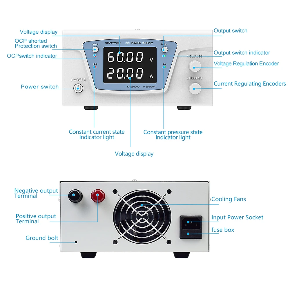 Imagem -05 - Wanptek Ajustável dc Fonte de Alimentação 60v 20a Metal Anodização Banco Laboratório Fonte Estabilizada Interruptor Alimentação 30v10a 500w 1000w Diy