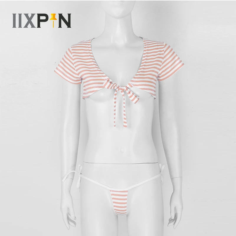 2 Piece Set Clothes Women Japanese Style Cute Stripe Lingerie Set Sexy Short Sleeves Crop Top With G-string Thongs Underwear Set