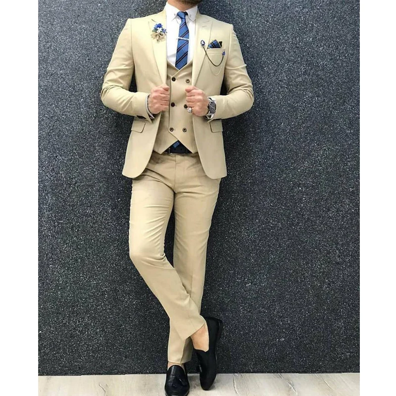 

Light Yellow Men Suits with Double Breasted Waistcoat Fashion Wedding Tuxedo Fashion Peak Lapel 3 Piece (Jacket+Pants+Vest)