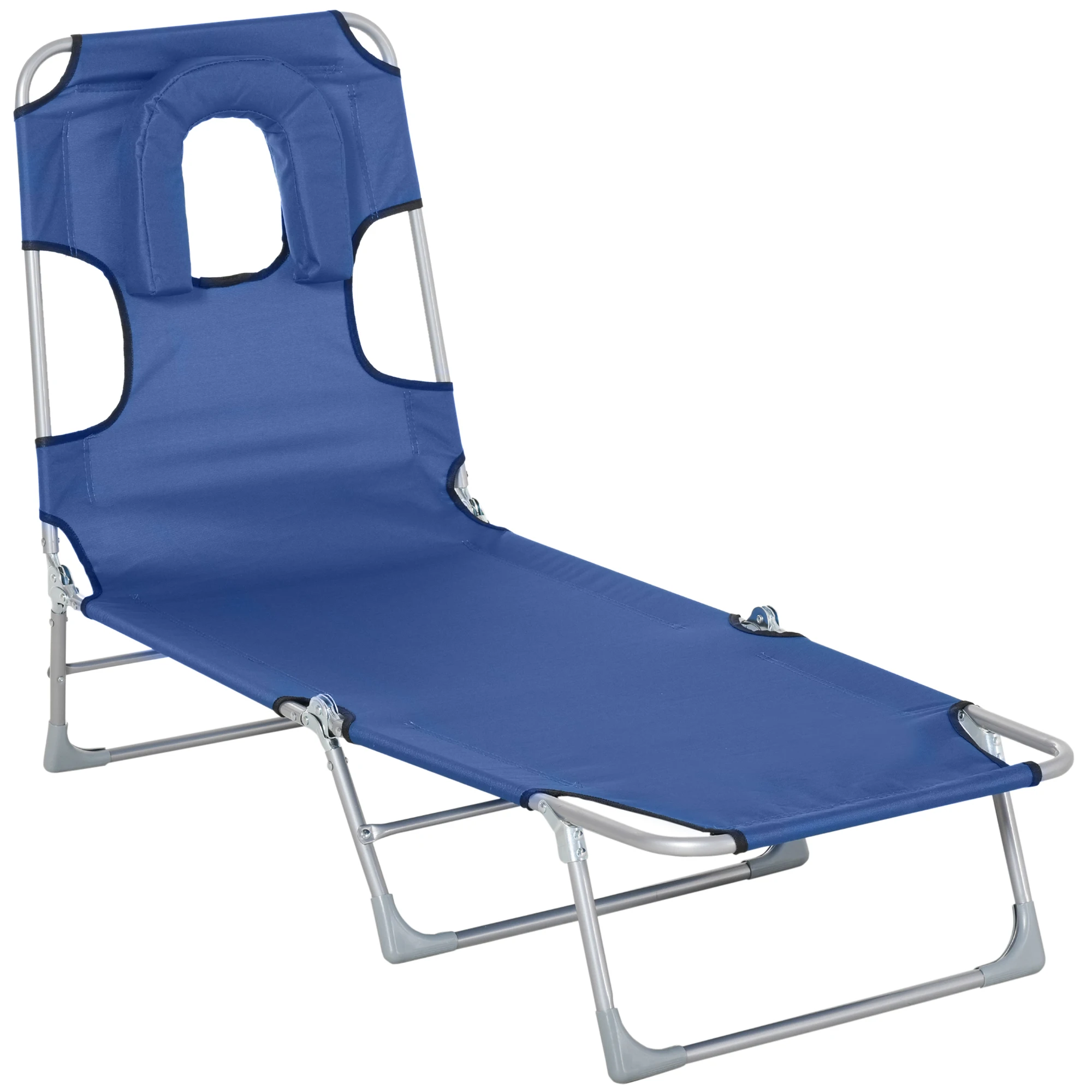 Outsunny garden folding reclining lounge lounge with reading hole headrest and backrest for beach 182x56x24,5 cm blue