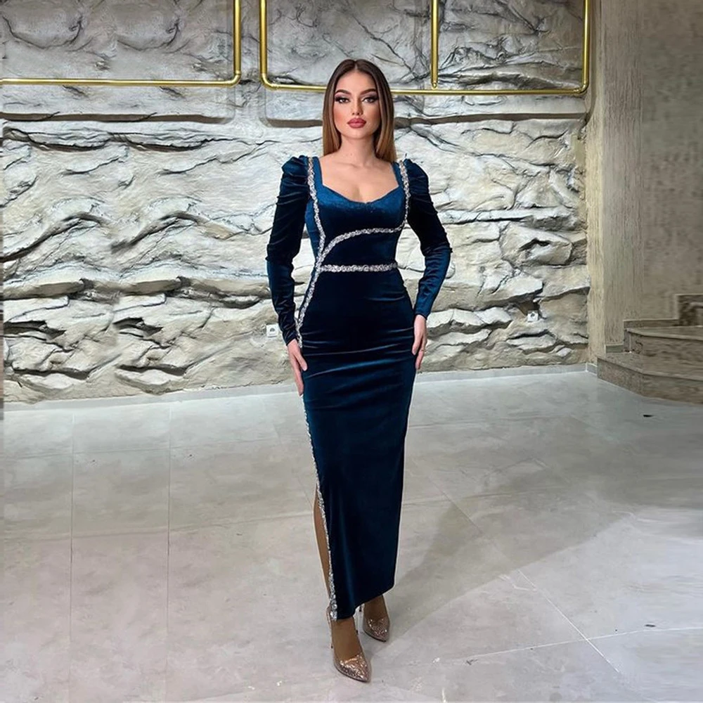 

BridalAffair Dark Blue Velvet Evening Dresses Long Sleeves Crystal Details Side Slit Ankle Length Women Vintage Prom Party Dress