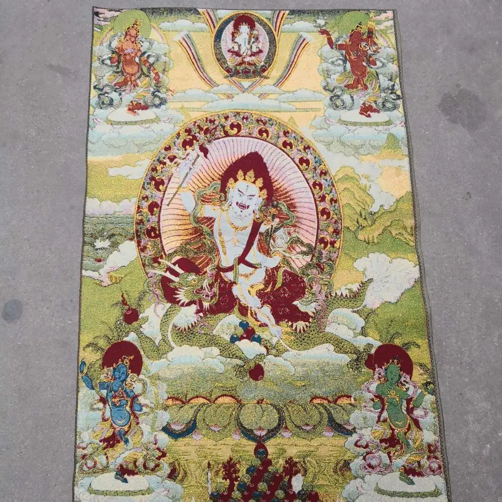 

35"Thangka Embroidery Tibetan Buddhism silk Embroidery brocade Nepal White Jambhala Riding a Dragon Buddha Statue Thangkas