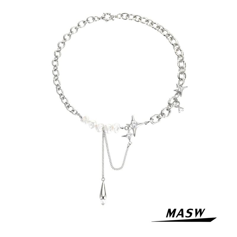 MASW Original Design Fashion Choker Necklace 2021 New Trend Star Glass Pearl Brass Metal Chain Necklace Women Jewelry Gift