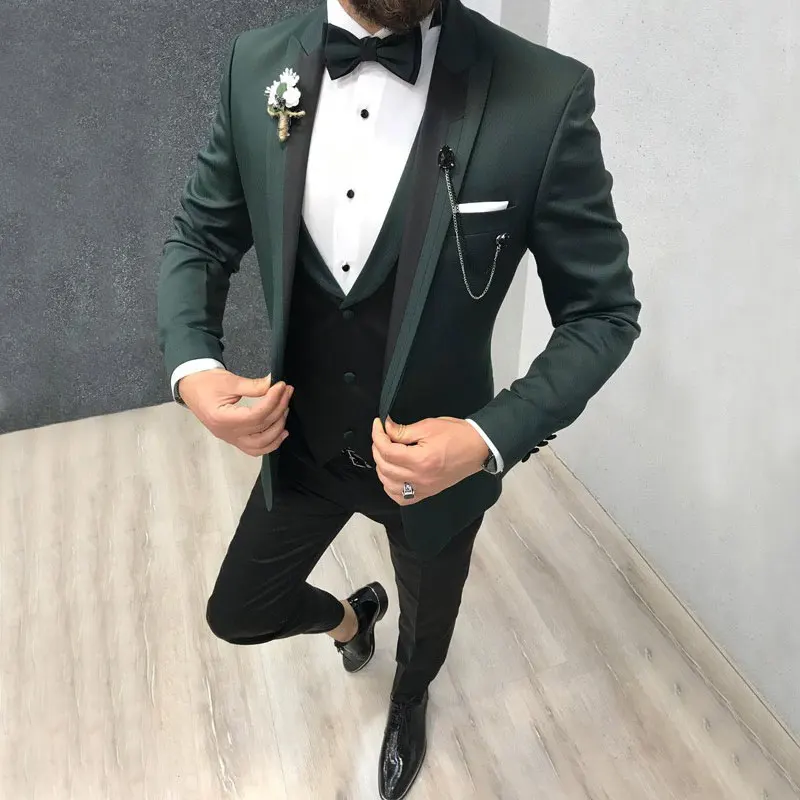 

Dark Green One Button Men Suits Peaked Lapel Slim Fit Formal Tuxedos For Wedding Bridegroom Prom Blazers (Jacket+Pants+Vest)