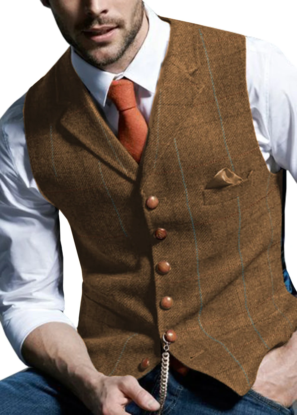 

Mens Waistcoat Vest Casual Plaid Wool V Neck Peaked Lapel Slim Fit for Wedding Groomsmen Herringbone Vintage Vest Men Brown