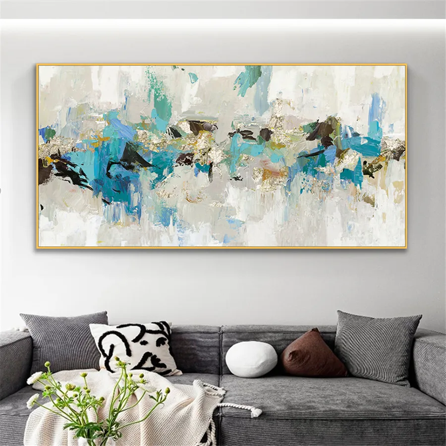Hand Painted Sapphire Blue Turquoise Oil Painting Canvas For Room Decor Modern 100% Handmade Abstract Picture Painting