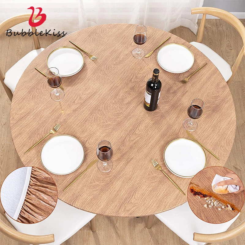 Bubble Kiss Vinyl Fitted Round Tablecloth Wood Color PVC Tablecloth Waterproof Oil-proof Nordic Plastic Tablecloth Picnic Cloth