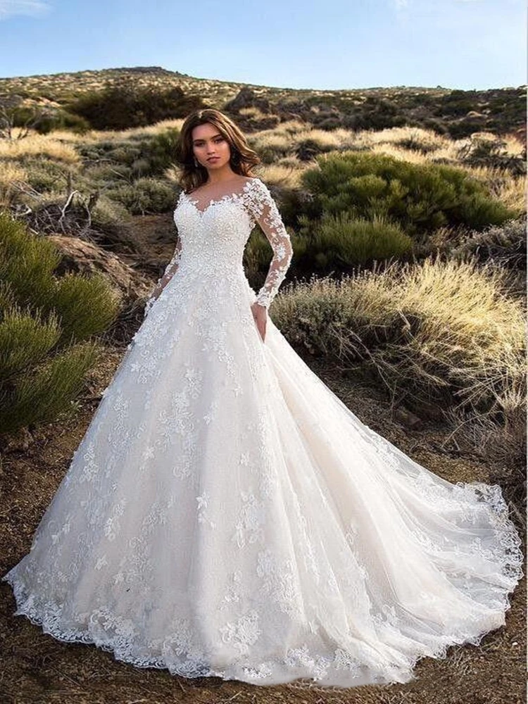 Vestido de novia clásico de manga larga, prenda Sexy con cuello en V, Espalda descubierta, línea A, con apliques de encaje transparente