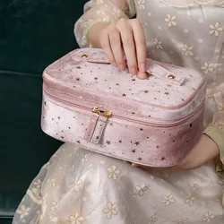 Bolsa de terciopelo con cremallera para mujer, neceser de viaje de gran capacidad con estampado de estrellas, estuche de aseo femenino