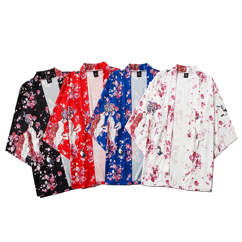 

M-XXL Fashion 2020 Balck Red Blue White Loose Summer Beach Cardigan Harajuku Japanese Kimono Style Women Men Tops Asian Clothes