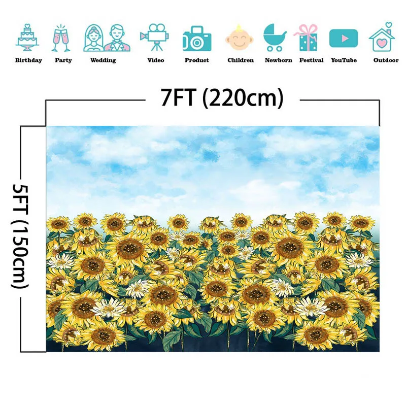 Arrière-plan pour photographie, champ de tournesol, nuages de ciel bleu, peinture à l'huile, Style Portrait d'anniversaire d'enfant, Studio Photo